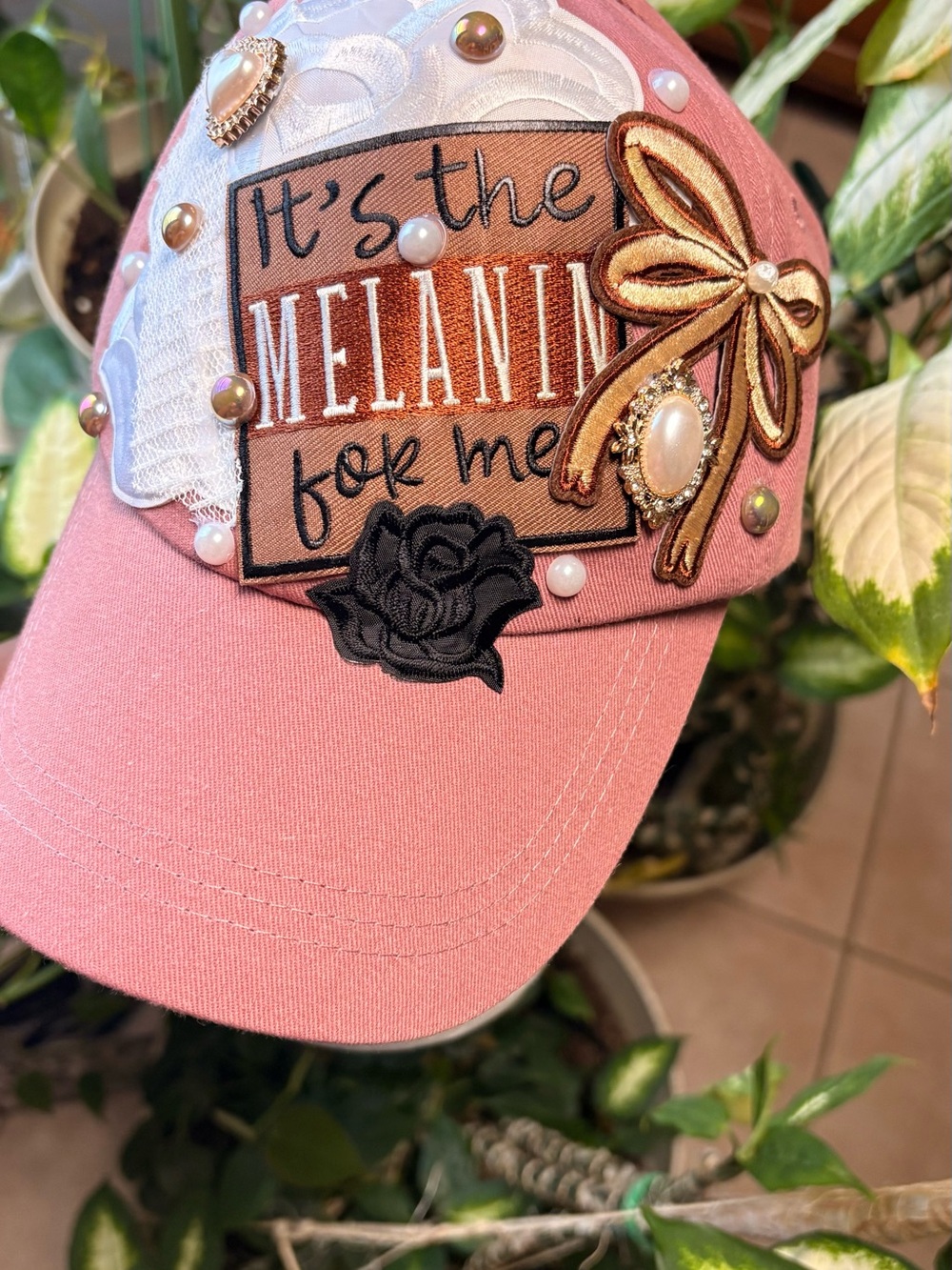 Pink Embellished 'It's The Melanin For Me' Baseball Cap